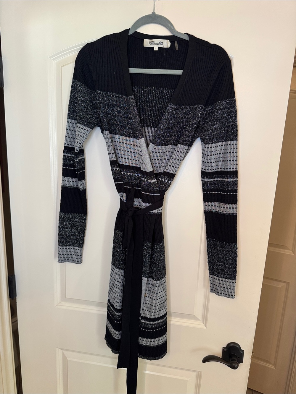 Diane Von Furstenberg Black and Gray Striped Wrap Dress